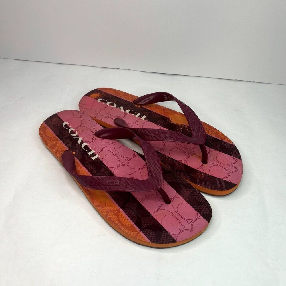 Coach Zack Multicolor Monogram Flip Flop Sandals Womens Comfy Pink Orange Stripe